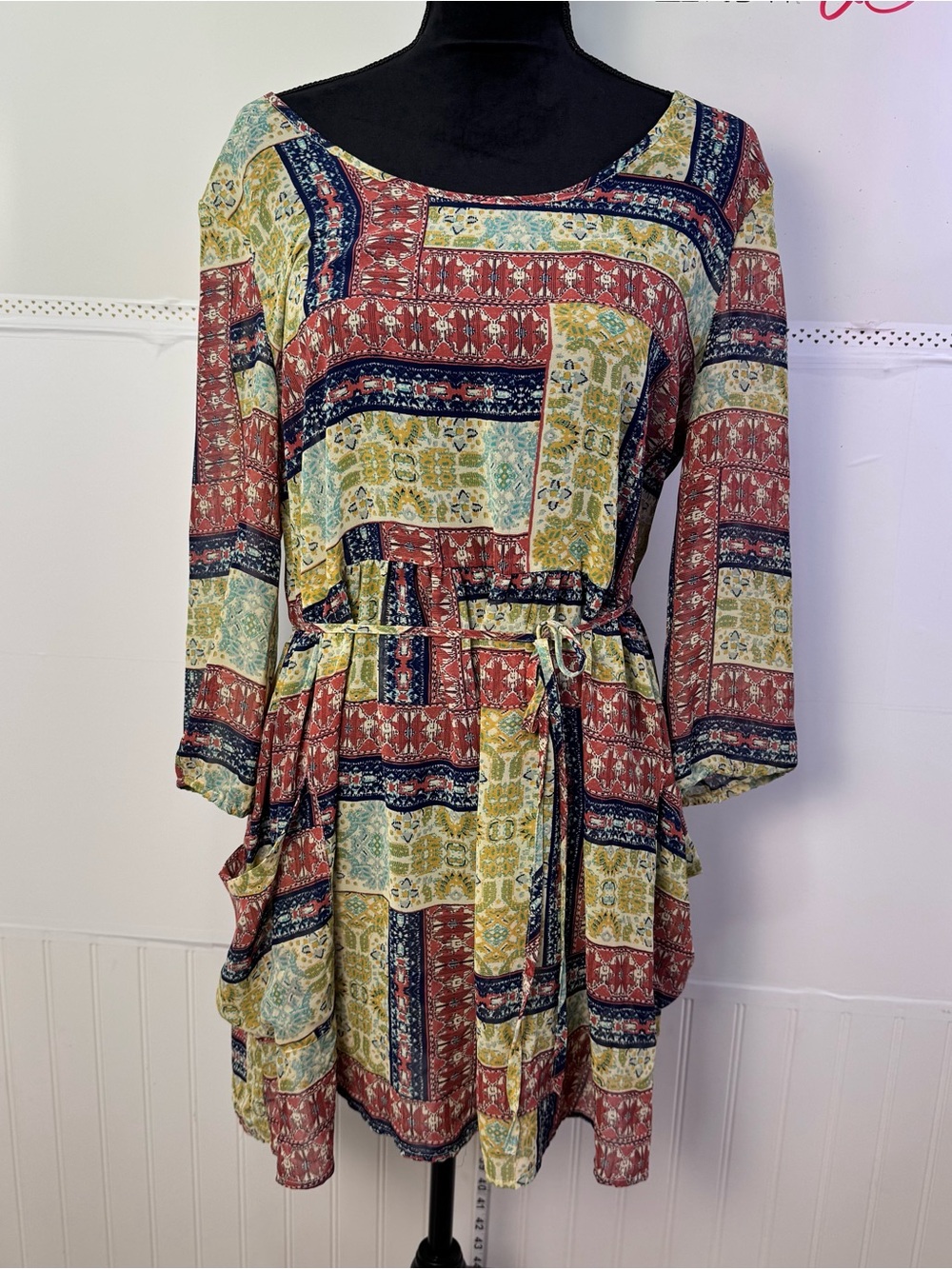 Band of Gypsies Boho Patchwork Print Tie Waist Dress Large Festival Cottagecore